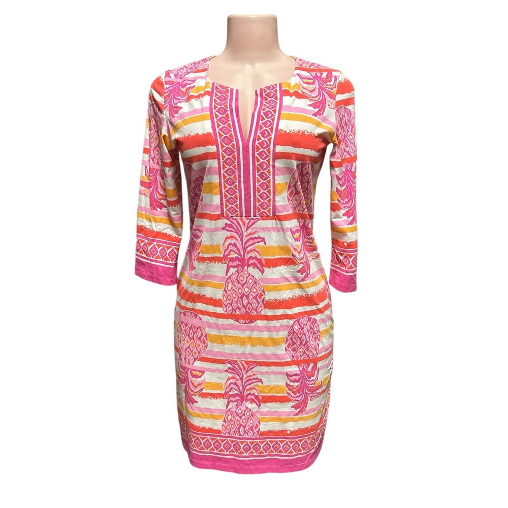 Amelia Quin  Style Dress Pineapple Print 3/4 Sleeve Casual Pink Orange XS